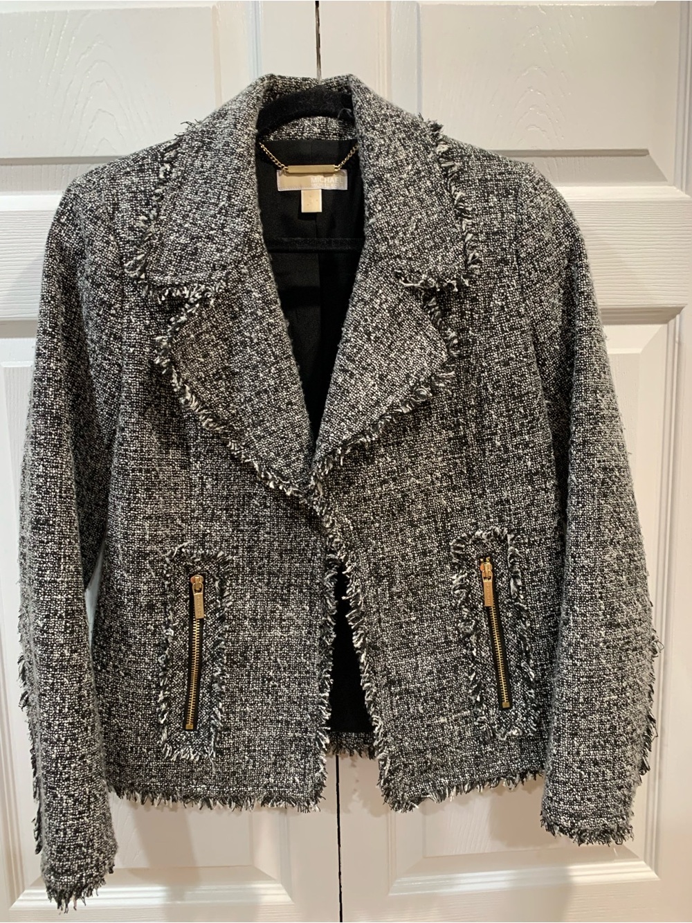 MICHAEL Michael Kors Black & Gray Tweed Frayed Zip Blazer